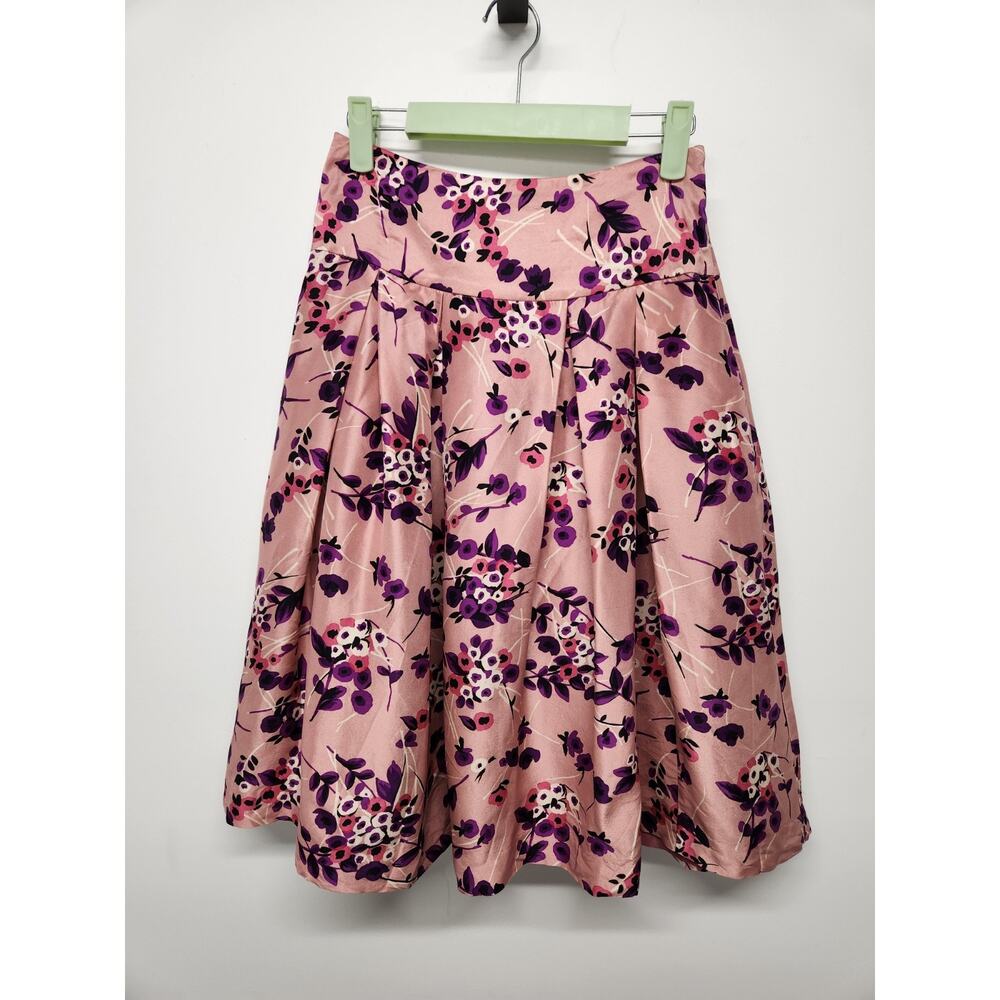 Express Design Studio 100% Silk Pink Multi Floral Pleated A-Line Skirt, Size 2